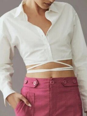 Anthropologie Cropped Tie Waist Long Sleeve Button Up White Shirt; Size S/P